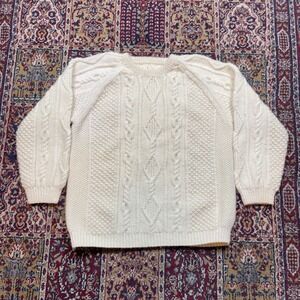 VTG 50s 60s Ivory Cream Hand Cable Knit Sweater Chunky L-XL USA heavy fisherman